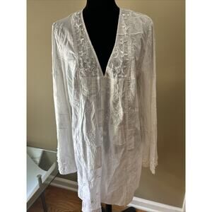 Korai White embroidered tunic coverup beaded v neck cotton slits sz L New